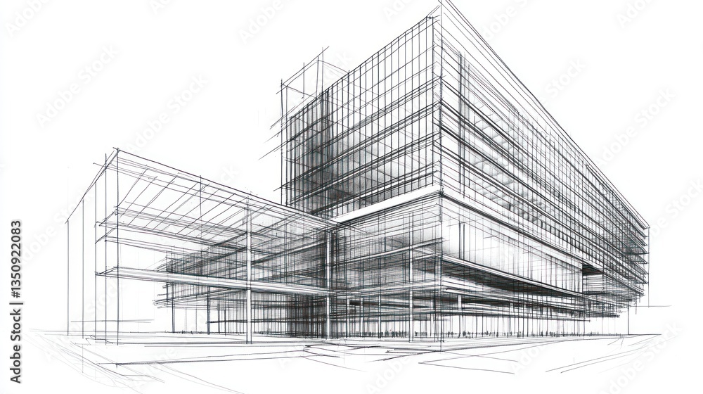 Architectural drawing of modern office building Architectural drawing of modern office building