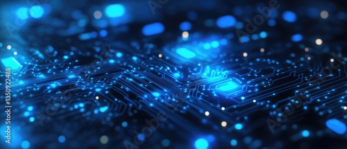 Abstract close-up of a circuit board with glowing blue lines and nodes.  High-tech digital background.