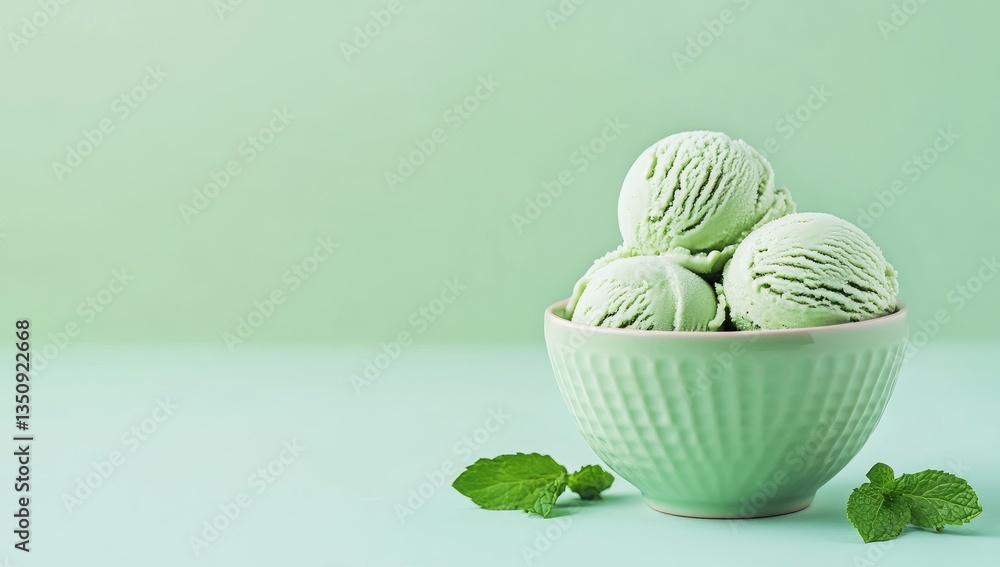 Fresh mint ice cream scoops in a pastel green bowl (1) Fresh mint ice cream scoops in a pastel green bowl (1)