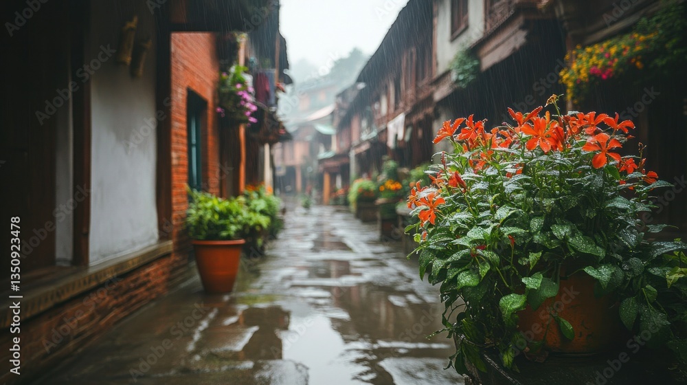 A charming alleyway displays flowers and plants on a rainy day A charming alleyway displays flowers and plants on a rainy day
