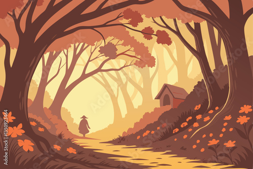 45 Enchanted forest path, tunnel of orange flowers, magical archway, dappled sunlight, fallen petals, mysterious distant figure, ethereal atmosphere, soft focus, warm autumn colors, fairytale setting,