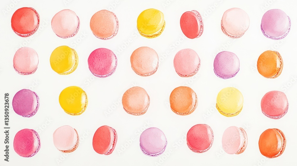 Colorful macarons arranged on white background, flat lay food photography for blogs, websites Colorful macarons arranged on white background, flat lay food photography for blogs, websites
