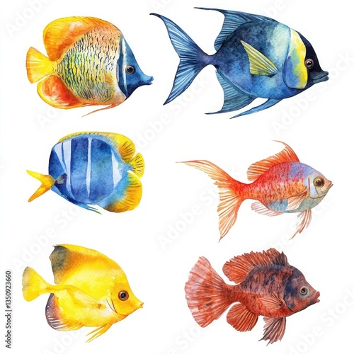 Vibrant watercolor paintings of six diverse tropical fish species, showcasing a variety of colors and patterns.  A beautiful underwater art collection.