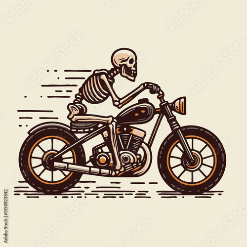 Vintage Skeleton Riding a Motorcycle Vector Mascot Logo
