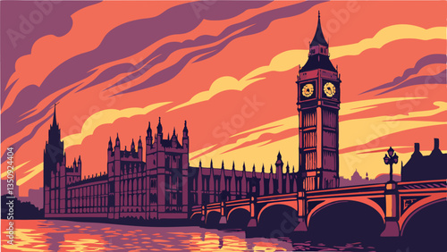 Dramatic sunset over famous Big Ben clock tower in London, UK.
