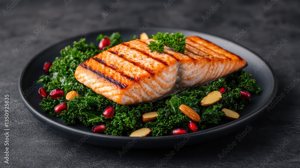 Grilled salmon fillet served bed of kale with almonds and pomegranate seeds, showcasing vibrant Grilled salmon fillet served bed of kale with almonds and pomegranate seeds, showcasing vibrant