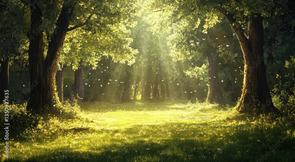 Fototapeta premium Sunlight streams through a lush forest with many flying birds