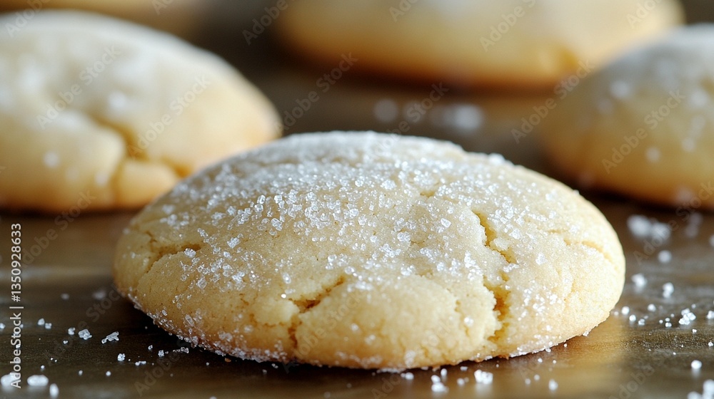 Close-up of freshly baked, round cookies coated in powdered sugar, on a baking sheet. Close-up of freshly baked, round cookies coated in powdered sugar, on a baking sheet.