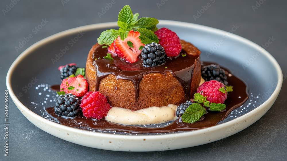 Decadent molten lava cake topped with fresh berries and mint leaves, served on plate Decadent molten lava cake topped with fresh berries and mint leaves, served on plate