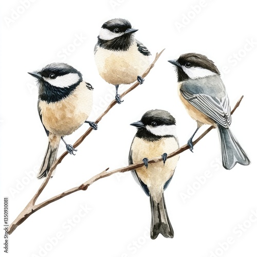 Four charming chickadees perched on a delicate branch, a watercolor painting capturing their serene beauty against a white background.