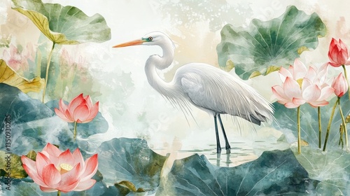 Serene watercolor painting of a white egret standing amidst pink lotus flowers and large green lily pads.  A tranquil and elegant scene.