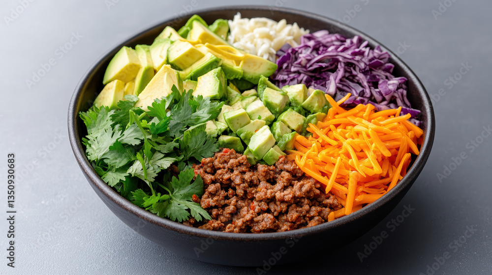 vibrant taco bowl filled with fresh ingredients like avocado, ground meat, and colorful vibrant taco bowl filled with fresh ingredients like avocado, ground meat, and colorful