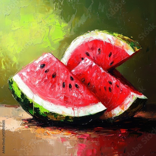 Juicy watermelon slices, artfully arranged. A vibrant summer still life painting, showcasing rich reds and greens.