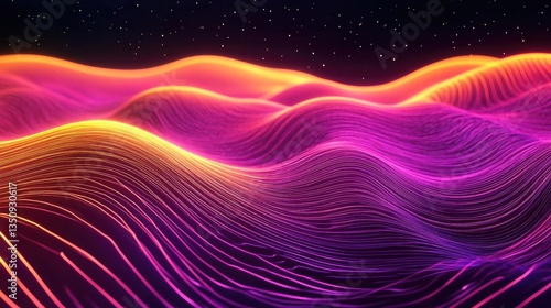 Vibrant abstract landscape of swirling, neon-colored lines against a dark, starry backdrop.  A mesmerizing digital artwork with a futuristic feel.