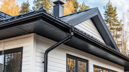 A black seamless gutter contrasting beautifully against a white modern house, minimalistic and sharp