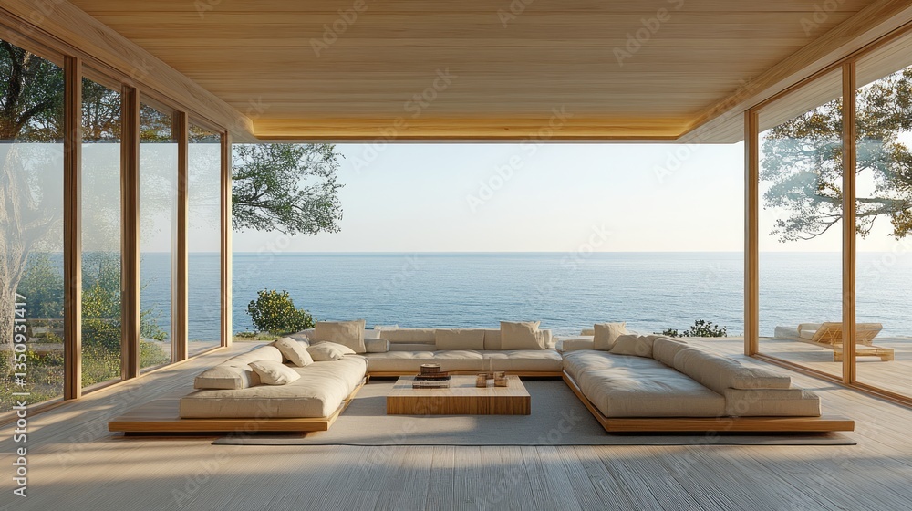 Fototapeta premium Bright living room with large windows overlooks the ocean
