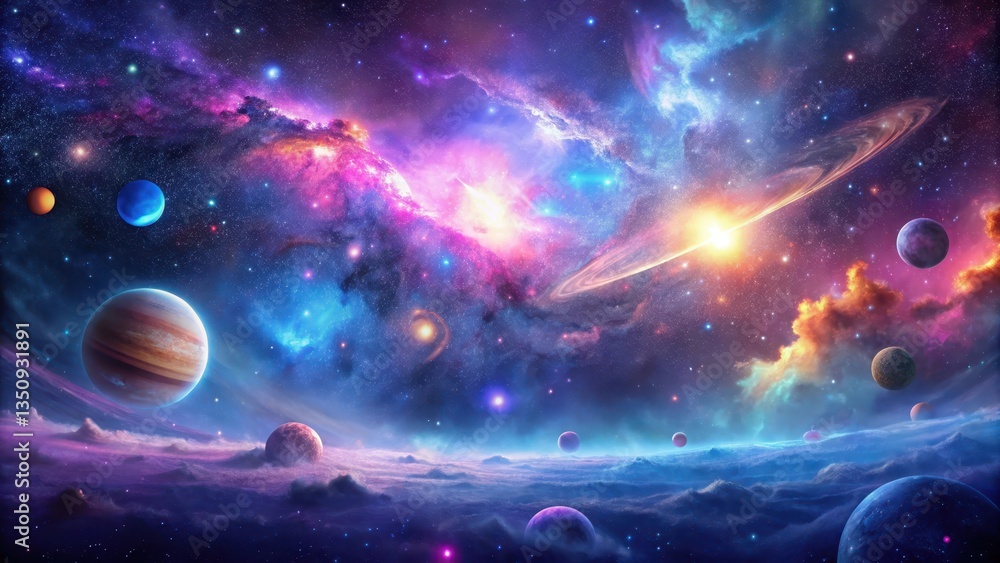 A Breathtaking Celestial Panorama Vibrant Nebulae, Glowing Stars, and a Myriad of Planets Across a Cosmic Landscape A Breathtaking Celestial Panorama Vibrant Nebulae, Glowing Stars, and a Myriad of Planets Across a Cosmic Landscape