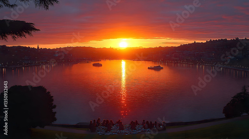 Sunset over tranquil waters, people gathering