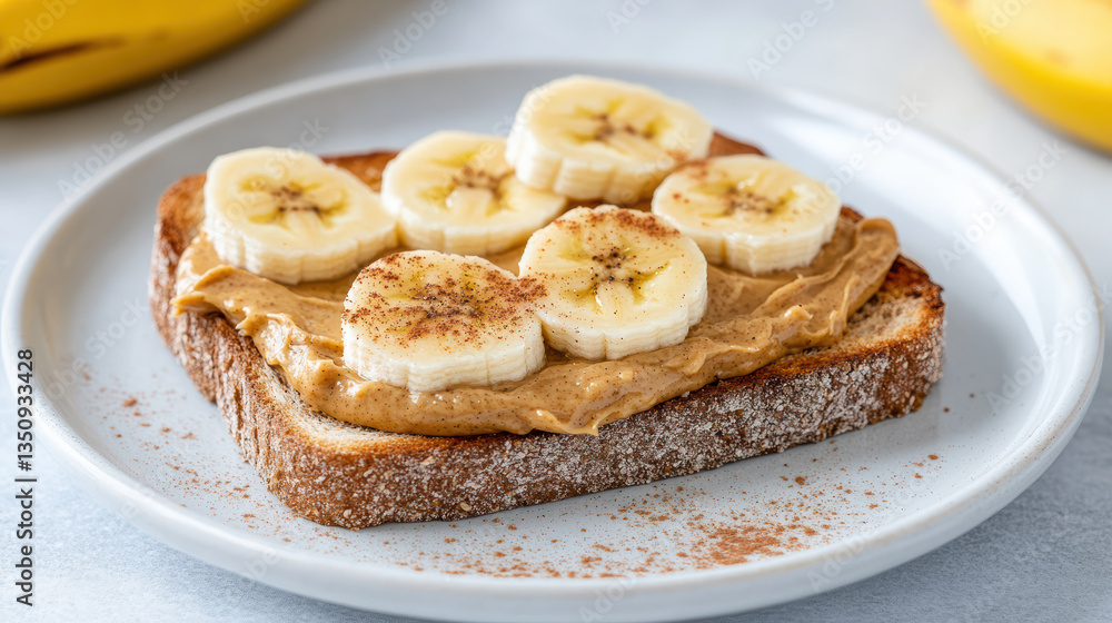 Creamy nut butter spread whole grain toast topped with fresh banana slices creates delicious Creamy nut butter spread whole grain toast topped with fresh banana slices creates delicious