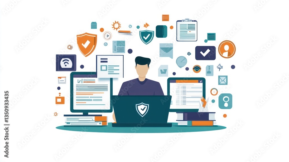 Cybersecurity Professional Working Multiple Screens Data Protection Cybersecurity Professional Working Multiple Screens Data Protection