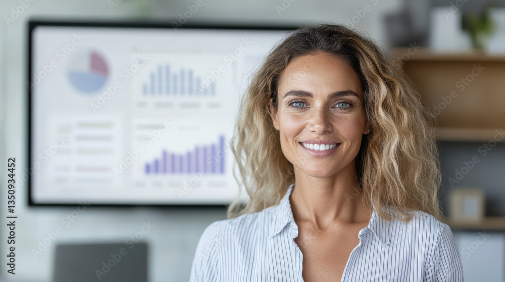 confident professional smiling front of presentation screen displaying data charts and graphs confident professional smiling front of presentation screen displaying data charts and graphs