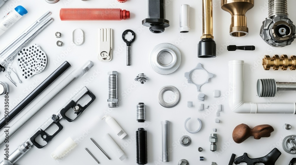 Obraz premium Neatly arranged plumbing components, showcasing precision and organization in design. 
