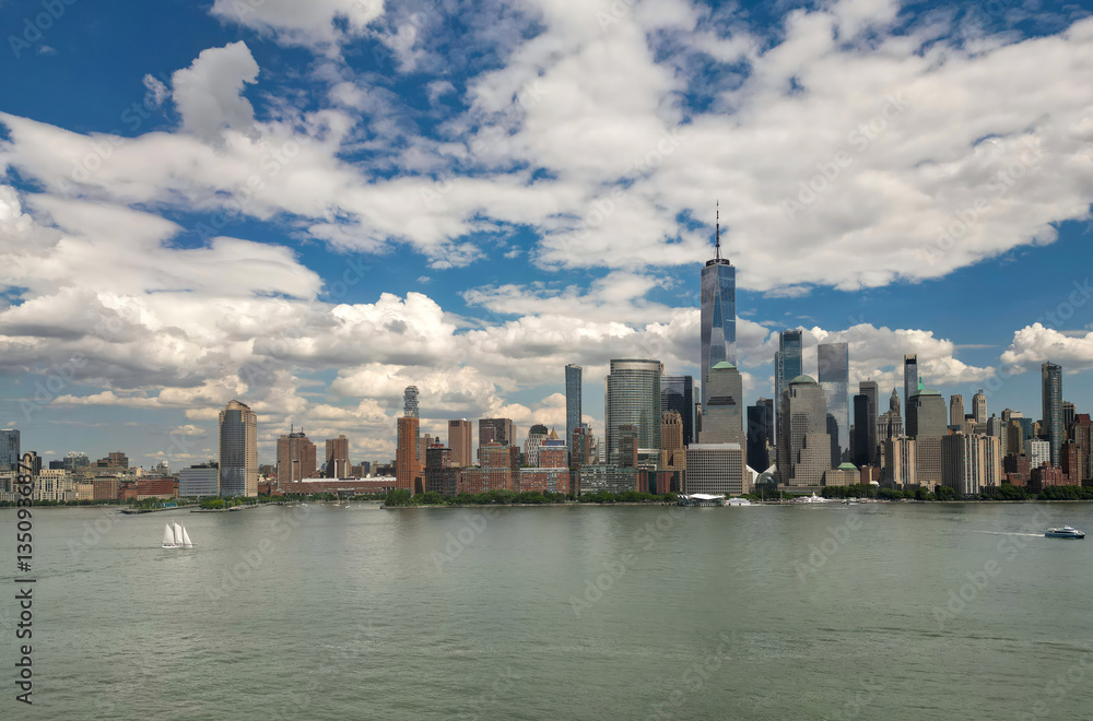 Fototapeta premium Manhattan aerial skyline, New York, United States. Panorama view of New York city skyscrapers in Manhattan. USA NYC. Lower NYC skyline. New York cityscape. New York City from drone.