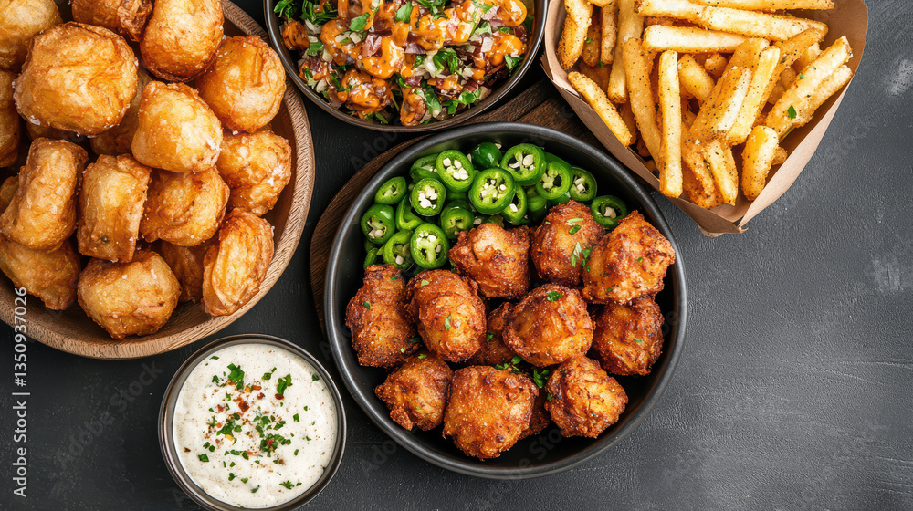 Crispy appetizers with fried potatoes, jalapenos, and dipping sauce create delightful spread Crispy appetizers with fried potatoes, jalapenos, and dipping sauce create delightful spread