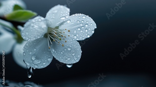 White cherry blossom flower covered in fresh water droplets after rain against a dark background.