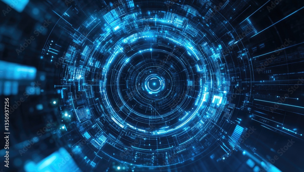 Abstract futuristic technology rings. Complex network of glowing blue circuits and data streams Abstract futuristic technology rings. Complex network of glowing blue circuits and data streams