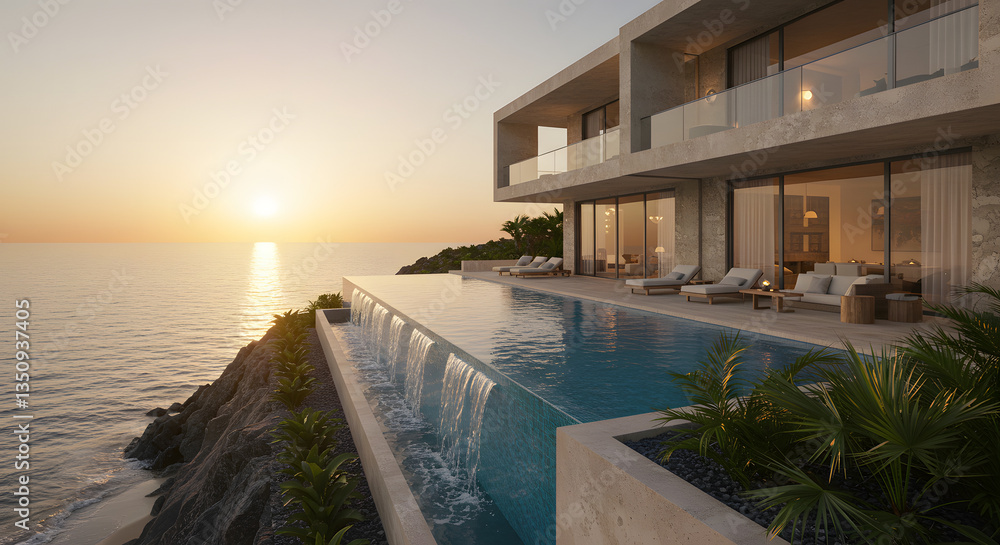Fototapeta premium Tranquil Oceanfront Retreat Featuring a Chic Loft and Infinity Edge Swimming Pool