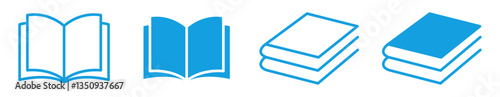 Book icon set. Book icons set with fill and stroke. Open and close book icon set sky blue color with white background. Set of books icon vector. Book, vector, icon, symbols.