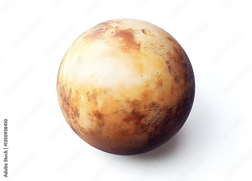 Fototapeta premium A detailed 3D render of Pluto shows its diverse surface textures and subtle color variations against a pure white background.