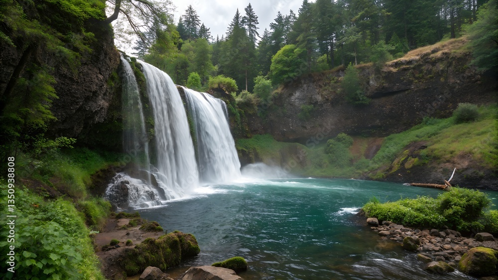 Fototapeta premium Nature's Symphony: Capturing the raw beauty of a cascading waterfall surrounded by verdant trees, the image radiates tranquility and the power of nature.
