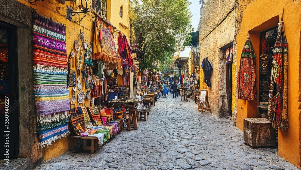 Fototapeta premium Colorful artisan shops line a narrow cobblestone street. Vibrant textiles, crafts, and souvenirs displayed. A bustling, touristy alleyway in a historical city