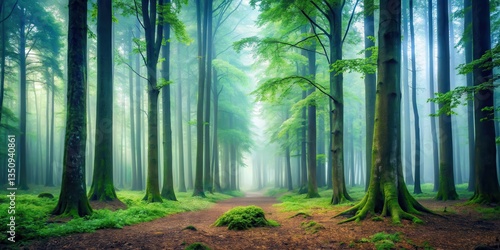 Forest with Tall Trees in Misty Atmosphere, ancient woods, solitude,  ancient woods, solitude