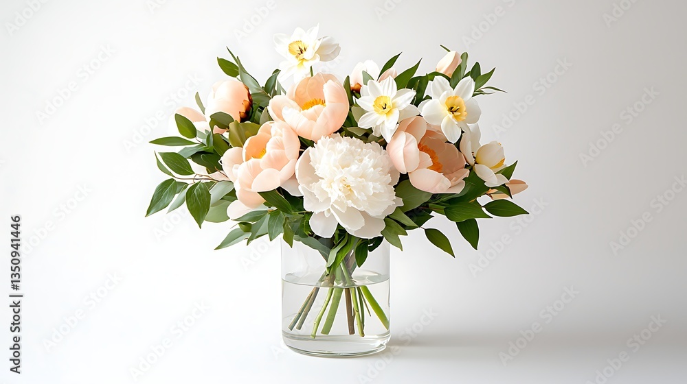 Fototapeta premium Spring floral arrangement featuring nature's colors in a glass vase indoor setting