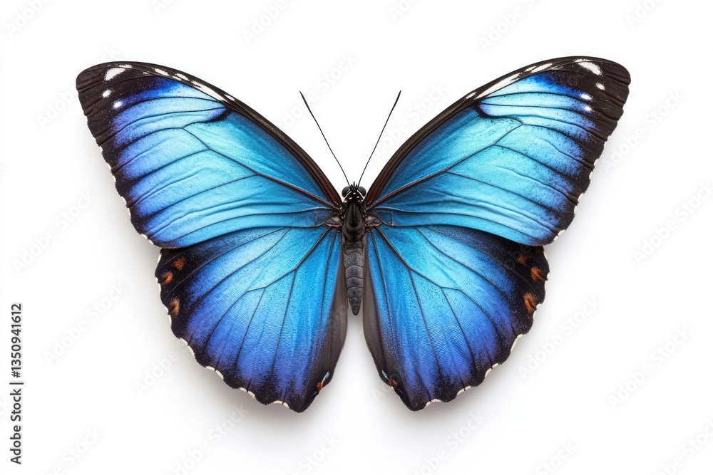 Fototapeta premium Vibrant blue butterfly, wings outstretched against a plain white background. Detailed view of intricate patterns and color gradients