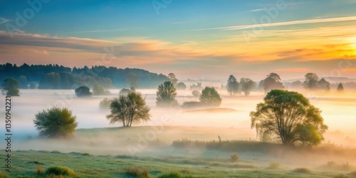 Misty Morning Landscape with Foggy Atmosphere, mysterious atmosphere