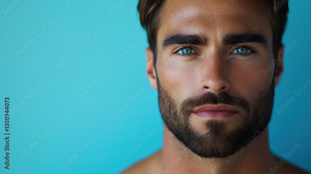Obraz premium Confident man, blue eyes, teal background, portrait