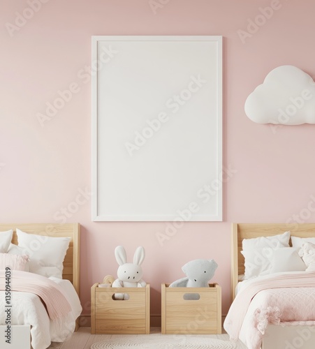 Wallpaper Mural Blank frame mockup in pink kids' bedroom with twin beds. Torontodigital.ca