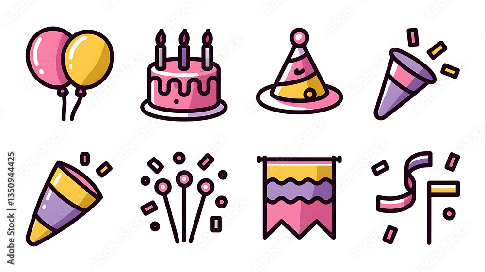Fototapeta premium Cute flat design birthday party icons
