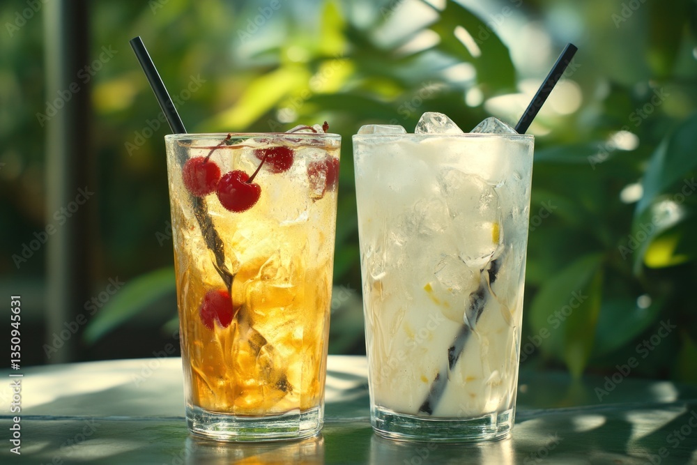 Iced cherry tea and lemonade drinks on outdoor patio table Iced cherry tea and lemonade drinks on outdoor patio table
