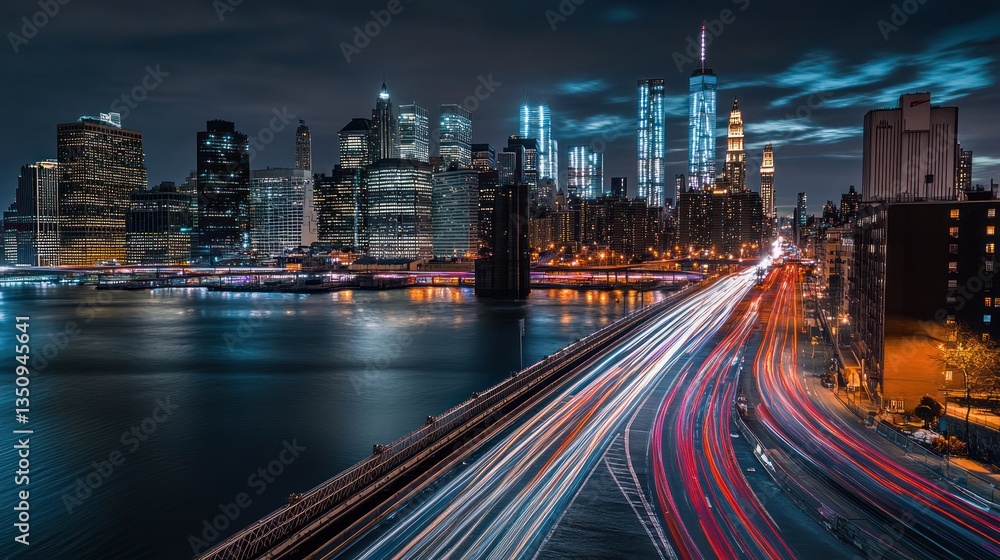 NYC Skyline at Night, City Lights, Traffic Trails, Stock Photo NYC Skyline at Night, City Lights, Traffic Trails, Stock Photo