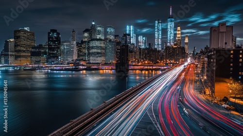 NYC Skyline at Night, City Lights, Traffic Trails, Stock Photo