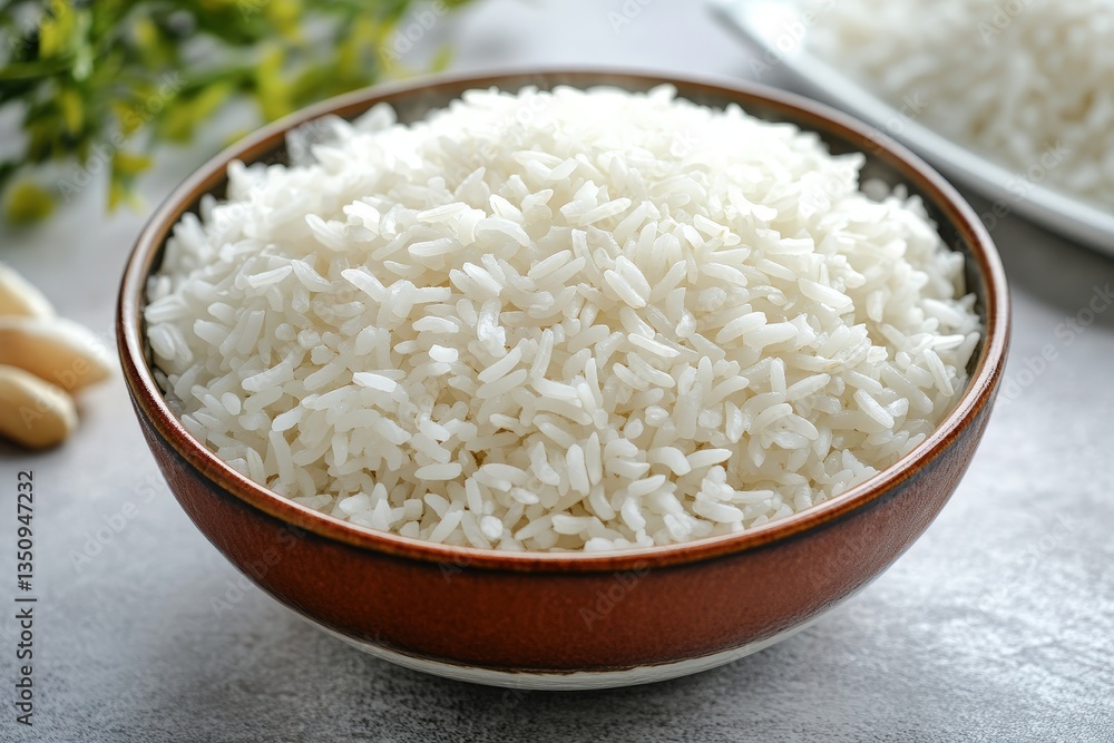 A brown bowl filled with fluffy white cooked rice A brown bowl filled with fluffy white cooked rice