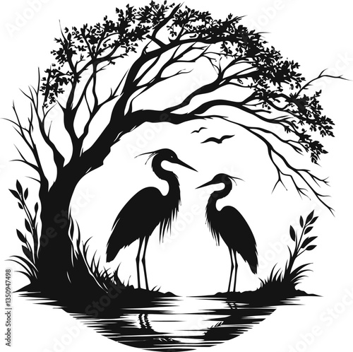 Tranquil Silhouette: Graceful herons and a serene landscape are brought together, with birds standing on the calm water with silhouettes, under the bough of tree. Capturing the moment.