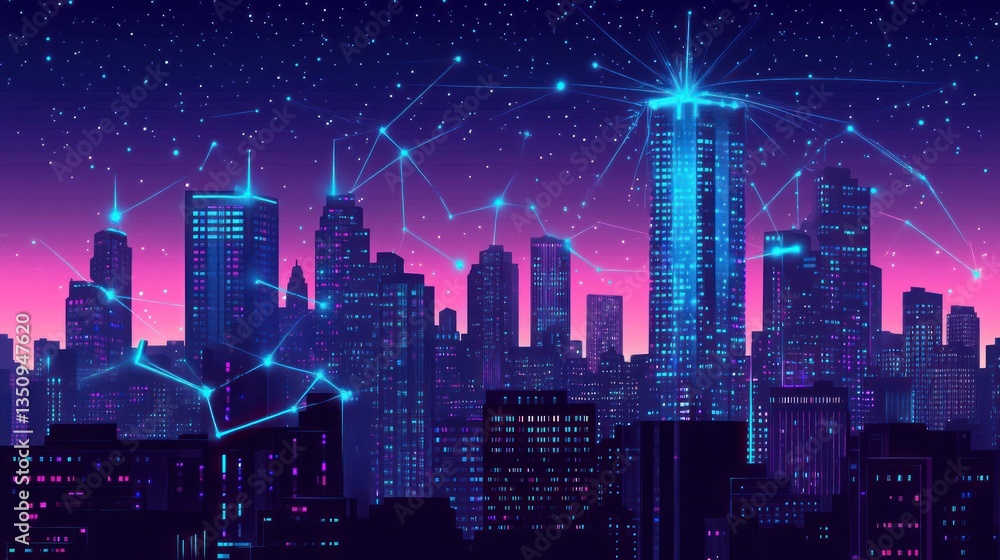 Fototapeta premium Futuristic city skyline at night, interconnected buildings, glowing network, background starry night, for technology, design, and art