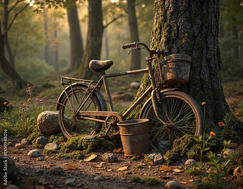 Fototapeta premium A rustic bicycle amidst nature s embrace
