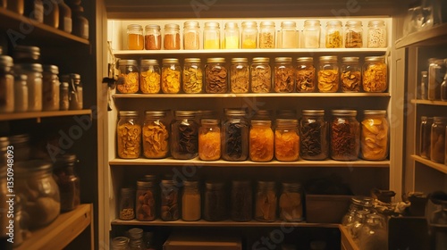 Wallpaper Mural A warmly lit pantry filled with glass jars of dried apples, figs, and persimmons, carefully labeled and organized Torontodigital.ca